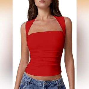 Women Square Neck Tank Tops Side Ruched Double Lined Slim Fit Summer Crop Top XS
